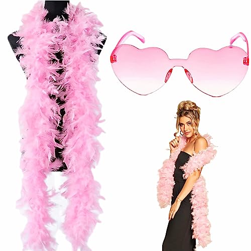 Federboa 2M 80g Bunte Feder Boas mit randlosen Sonnenbrillen,Turkey Feather Boas Dekorieren Federschal Boa Kostümzubehör Truthahn Federboa Handwerk Federn Boa zum Hochzeit Ankleiden Party(Rosa)