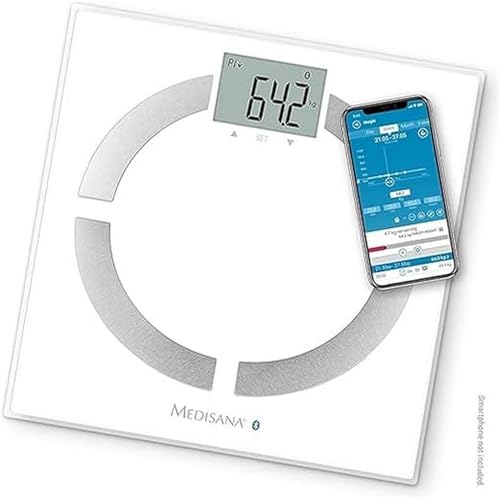 medisana BS 444 connect Körperanalysewaage 180 kg, Personenwaage zur Messung von Körperfett, Körperwasser, Muskelmasse und Knochengewicht mit Bluetooth und Analyse App, Weiß