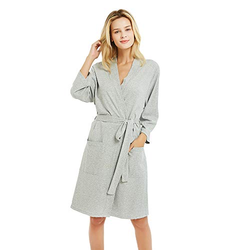 U2SKIIN Morgenmantel Damen 100% Baumwolle, leichter Bademantel Kimono Saunamantel Loungewear Hausmantel kurz (Grau, M)