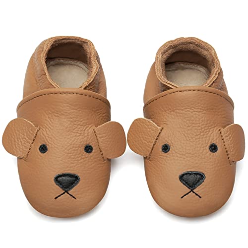 IceUnicorn Krabbelschuhe Baby Lauflernschuhe Jungen Mädchen Weicher Leder Babyhausschuhe Kleinkind Rutschfeste Lederschuhe Baby(Bär Kurkuma, 18-24 Monate)