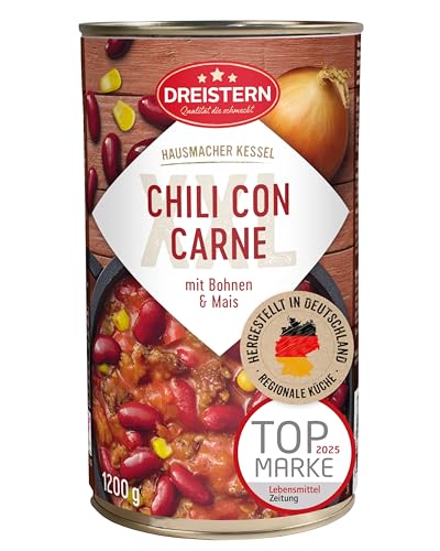 DREISTERN Chili con Carne 1200g I Mit Schweinefleisch & Gemüse I XXL Pikanter Eintopf in recyclebarer Konservendose I Lange Haltbarkeit dank natürlicher Konservierung I Hausmacher Qualität