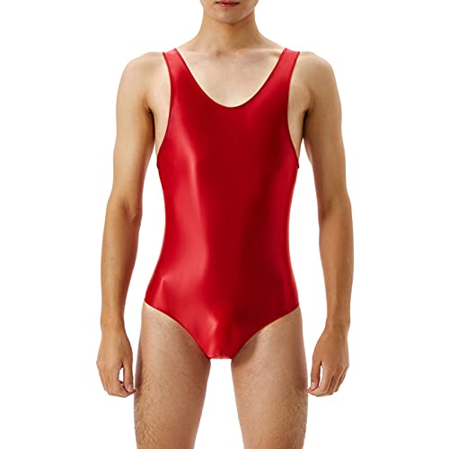 WKAYsIV Gay Bodysuit Glossy Silky Jumpsuit Tight Sexy European Plus Size Herren Mehrpack(Rot,XL)