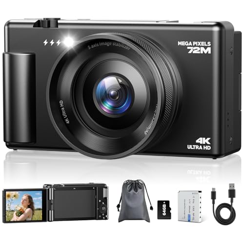 Digitalkamera 4K, 72MP 18X Autofokus Digitalzoom Digital Kamera, 2,8 Zoll 270° Klappbarer LCD-Bildschirm HD Kompakte Vlog Kamera mit Akkus, 64GB Karte, Geeignet für Anfänger, Erwachsener Schwarz