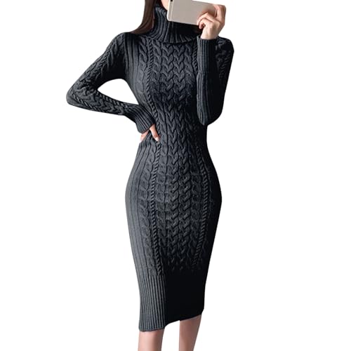 Herbstkleid Damen Lang Langarm Strickkleid Rollkragen Winterkleid Bodycon Pulloverkleid Weiches Strickpullover Kleid Einfach Jumper Kleid Elegant Longpulli Winter Partykleid Mode Freizeitkleid