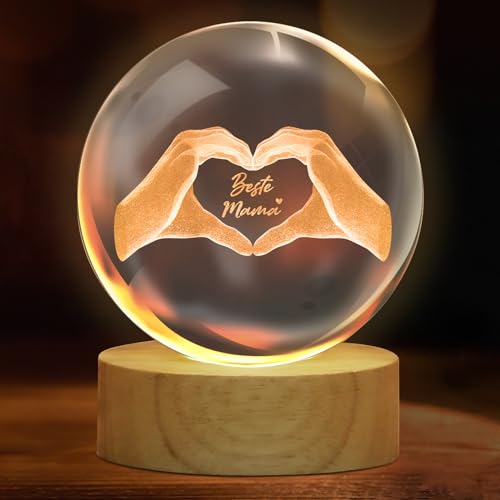TUZELIYA Muttertagsgeschenk für Mama - 3D Glas Kristall mit Holzsockel Gravur Herz aus Zwei Händen und Text Beste Mama - Geburtstagsgeschenk für Mama Frauen Muttertags Geschenke