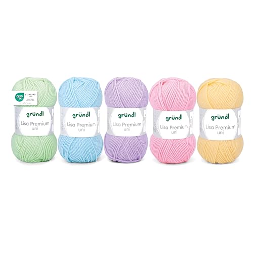 Gründl Wolle Lisa Premium uni 5 x 50 g Mix - Strickgarn - Häkelgarn - 100% Polyacryl - Superweich und Pflegeleicht - Babygrün-Blau-Lila-Rosa-Gelb