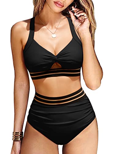 UMIPUBO Damen Bikini Bauchweg High Waist Push Up Bikini Sets Zurück Kreuzen Swimsuit Große Brüste Bademode Sexy Badeanzug Strandbikini(Schwarz-B,M)
