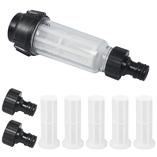 Wasserfilter Gartenschlauch, 3/4 Zoll Wasser Vorfilter Wasserfilter Set mit 5 Filtereinsatz + 2 Schnelladapter für Hochdruckreiniger Wohnmobil Gartenpumpe