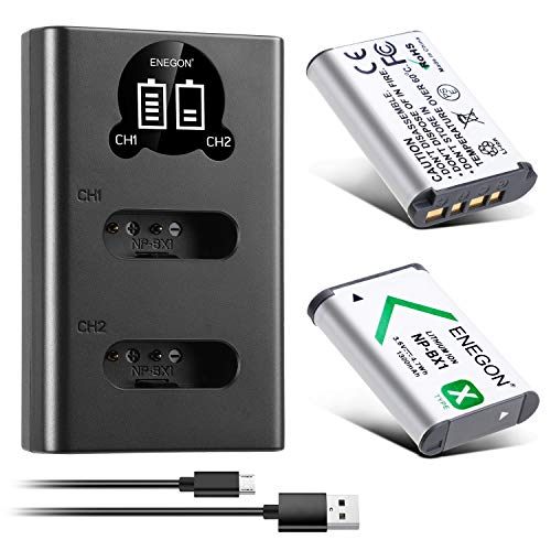 ENEGON Akku NP-BX1 (1300mAh 2-Pack) und LCD-Ladegerät passend für Sony NP-BX1 und Sony ZV-1, Cyber-Shot DSC-RX100, DSC-RX100 II/III/M4/M5/M6/M7/Ⅳ/Ⅴ/Ⅵ/Ⅵ/Ⅶ/VA, DSC-RX100M II, HDR-CX405