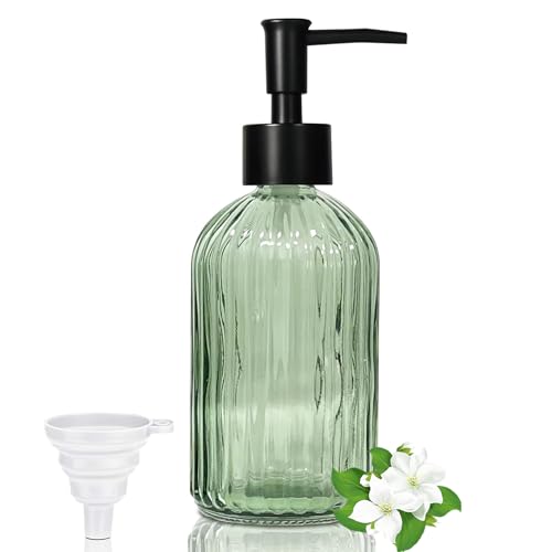 GKSCXEXE 400ml Glas Seifenspender Grün, Moderner Soap Dispenser Seifenspender für Küche und Bad, Nachfüllbarer Pumpspender mit Kunststoffpumpe und Schwarzer Trichter für Spülmittel, Handseife, Shampoo