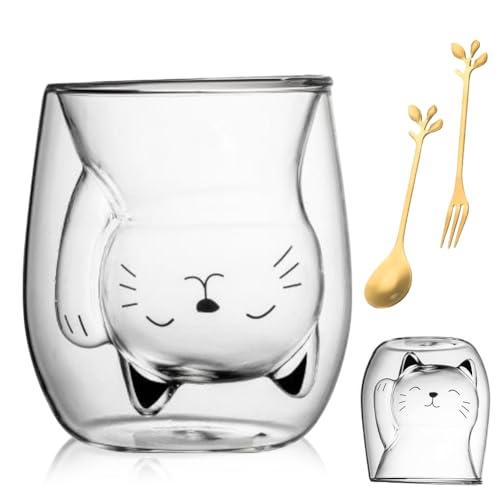 Gohytal Doppelwandige Gläser Katzen Tasse, 200 ml Double-Walled Coffee Glasses Süße Tassen Doppelwandige Isoliergläser, Cute Mugs, Teeglas Insulated Doppelwandig, Kaffeeteegläser, Doppelwandige Glas