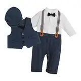 Baby Anzug Junge Hochzeit Neugeborenes Taufanzug Taufe Geburtstag Festliche Langarm Fliege Overalls Strampler+Weste+Mütze 3tlg Bekleidungssets klamotten Taufbekleidung Babykleidung Blau 3-6 Monate