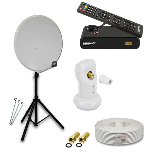 PremiumX Satelliten-Anlage 80cm Satellitenschüssel Stahl Hellgrau Single LNB Stativ Antennenkabel FullHD TV SAT-Receiver HDMI-Kabel