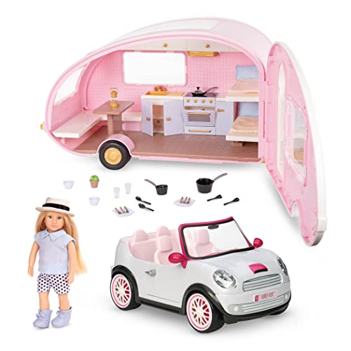 Lori Wohnwagen, Auto und 15 cm Puppe Eliza Set mit Zubehör – Glamping mit Puppenzubehör, Cabrio, Kochutensilien, Bettzeug und mehr – Puppenhaus Spielzeug für Kinder ab 3 Jahre (36 Teile)