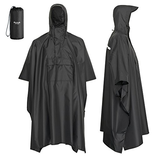 AWHA Regenponcho Damen und Herren wasserdicht und extra lang zum Wandern, Reiten, Fahrrad fahren - Outdoor Regenschutz wiederverwendbar mit Tasche, schwarz, S/M