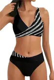 2024 Damen Bikini Set Zweiteiliger Badeanzug V Ausschnitt überkreuztes Bikini Bademode Bauchkontrolle High Waist Bikini Sets Swimsuit Push Up Strandbikini Triangel Breites Swimsuit