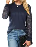 Cuptacc Tshirt Damen Langarm 2024 Top Mit Spitze Ärmel Blouse Plissierte Basic Shirt Herbst Oberteile Chic Dunkelblau, Mittel M 38-40