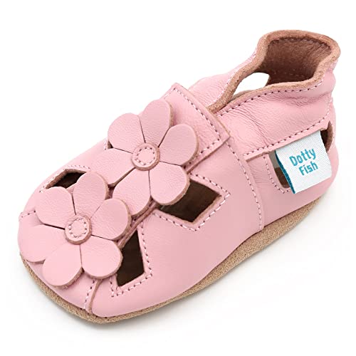 Dotty Fish Weiche Baby und Kleinkind Lederschuhe. Mädchen. Sandalen rosa mit Blumen. 12-18 Monate (21 EU)