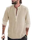 YAOBAOLE Hemd Herren Henley Shirt Hemden für Männer Langarm Sommerhemd Herren Freizeithemd Khaki XL