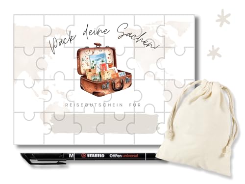 Reisegutschein Puzzle Karte, Personalisierbarer Geschenkgutschein Kurzurlaub Städtetrip zum selberausfüllen mit Stift Säckchen für Mann Frau zum Geburtstag Jahrestag Hochzeitstag Weihnachten
