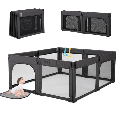 Laufstall Baby 150×180cm Faltbar Laufgitter, Form- und Größenverstellbar zusammenklappbar Spielgitter, Babyzaun,atmungsaktives Netz Laufgitter, 8 Elementen | Krabbelgitter individuell formbar