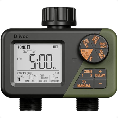 Diivoo Bewässerungscomputer 2 Ausgänge, Programmierbare Wasserschlauch Timer 2 Outlet für Garten, Outdoor Automatic Irrigation System IPX5 Waterproof mit Rain Delay/Manual für Lawn, Yard, Pool