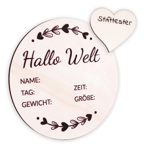 Holzura Hallo Welt Schild, Geburtsanzeige, Baby Namensschild, Neugeborenen Holz Schild, Geschenk für Mädchen und Jungen, Deko Kinderzimmer Andenken als Meilensteine