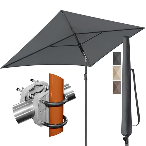 Menz Sonnenschirm Balkon - 3-IN-1 Sonnenschutz Balkon SET in Anthrazit, UPF 50+ Sonnenschirm rechteckig 200 x 125cm + Sonnenschirmhalter Balkongeländer + Sonnenschirmhülle