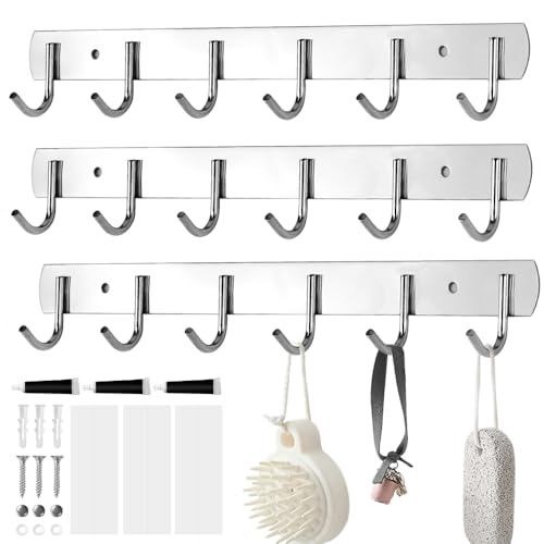 HWSWSH 3 Stück Hakenleiste Küche, Edelstahl Küchenhalterung, 31cm Hängeleiste Stange mit 6 Haken Garderobenhaken, Küchenutensilien Handtuchhalter Garderobe für Küche/Badezimmer + Schrauben und Kleber