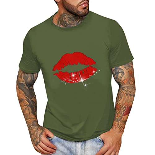 Herren Sommermode Lässig Rundhals Kleingedrucktes T-Shirt Kurzarmhemd T Shirts Junge (24-0318A-Green, XXL)