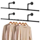 Yawinhe Industrierohr Kleiderstangen, 121cm Kleiderständer für die Wand, Rustikale Kleideraufbewahrung, Platzsparenders Wandregal Küchenregal,für kleine Zimmer,2-Pack,Schwarz