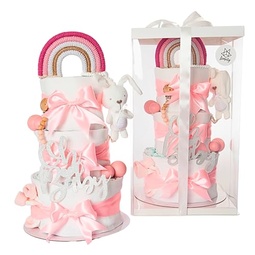 limely© Windeltorte, Geschenk zur Geburt, Pinkelparty Geschenk, Geschenk für Baby, Geschenk für Neugeborene, Babyparty, Windeltorte für Mädchen, Windeltorte Neutral (Rosa)