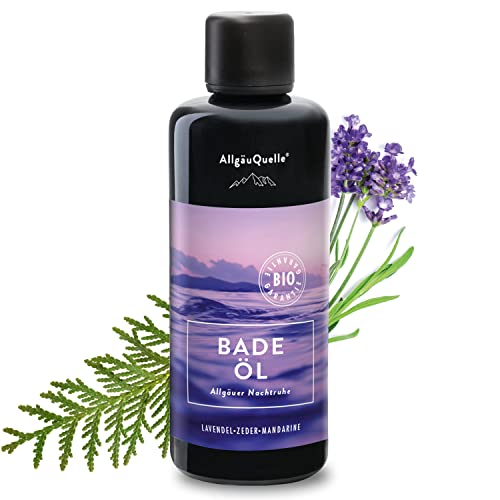 AllgäuQuelle® BIO-Badeöl mit Bio-Öle Allgäuer Nachtruhe Lavendel Zeder Mandarine (100ml). Natürlicher BIO-Badezusatz m. ätherische Öle. BIO Bade-Essenz naturrein und biologisch.