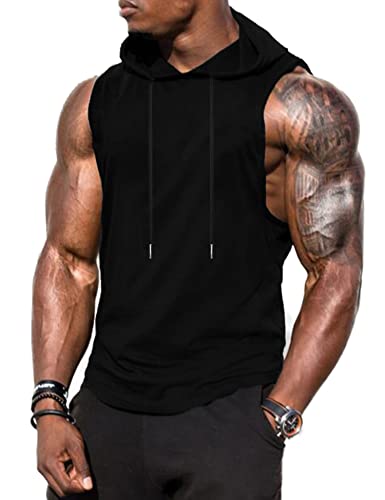 Babioboa Herren Fitness Kapuzenpullover Workout Tanktop ärmellos Hoodie Muskelshirt mit Tasche Gym Sports Schwarz XXL