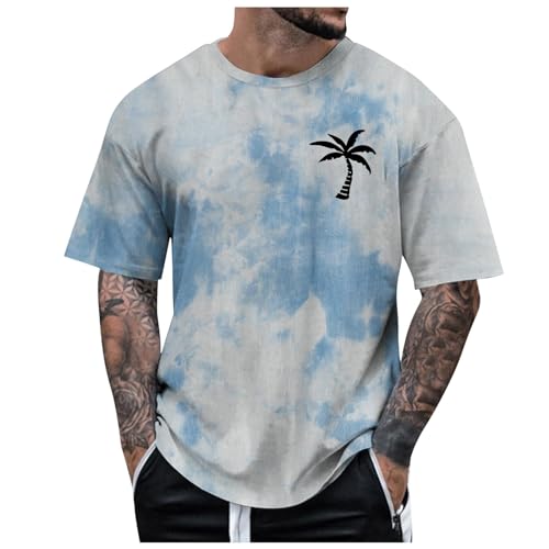 Modisches, lässiges, weiches bequemes Herren-T-Shirt Reiner Baumwolle mit Rundhalsausschnitt, gewaschenem Distressed-Stil, kurzärmelig, Batik-Farbverlauf Herren Uhren (Blue, L)