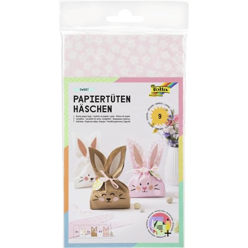 folia 41292 - Papiertüten Häschen, Bastelset für 3 einzigartige Papierhasen, je 9 Tüten in Weiß, Braun und Rosa, inkl. Kordel