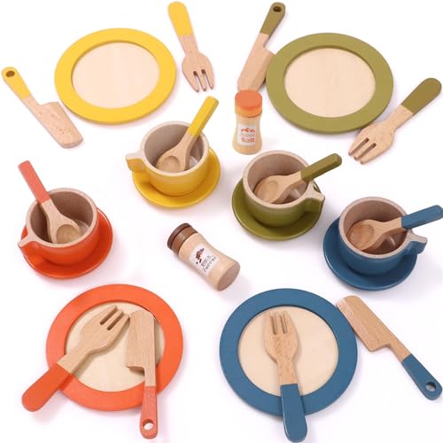 Atoylink Kinderküche Zubehör Holz Geschirr, 26Pcs Puppengeschirr Teller und Küchenutensilien Geschirrset Spielküche Küchenzubehör Kinder Holzspielzeug Geschenk für Mädchen Jungen 3 4 5 6 7 8 Jahre