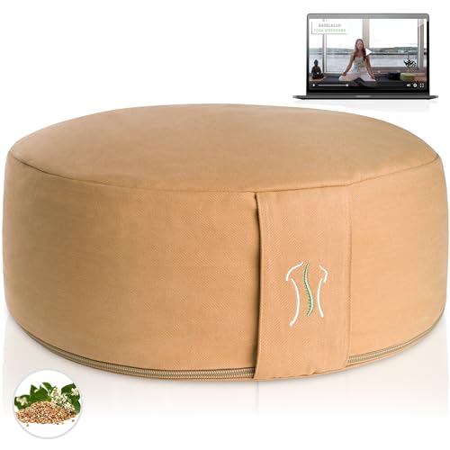 BACKLAXX ® Yoga Kissen, Meditationskissen XL 35cm [30% mehr Sitzfläche], 15cm hoch mit Buchweizenfüllung, perfektes Meditation Zubehör, Yogakissen rund inkl. Videokurs - Pouf Sitzkissen Boden