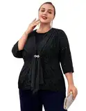 Hanna Nikole Damen Übergröße Spitze Aushöhlen Shirts Zweiteiler Strass Chiffon Strickjacke Shirts Zweiteiler 3/4 Ärmel Aushöhlen Langarmshirt Sets Dark Blue 52