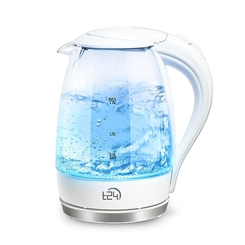 T24 LED Glas Wasserkocher 1,7 Liter mit LED-Beleuchtung, Wasserkocher Glas, Wasserkocher weiß, 2200W, Heißwasserspender, Glaswasserkocher | TÜV Rheinland GS Zertifiziert… (Weiß)