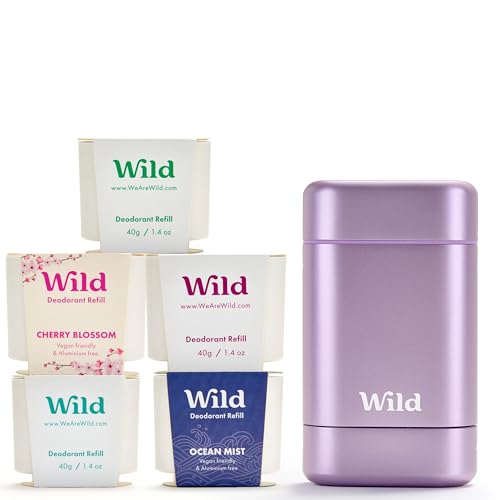 Wild - Das Komplette Starter-Set - Lilafarbener Deobehälter mit 5 x 40g Nachfüllpacks in verschiedenen Clean Düften - Natürliches nachfüllbares Deo - Aluminiumsalzfrei - Lang anhaltender Schutz
