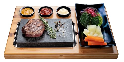 BEEFSTONE Lavastein Steak-Brett Hot Stone Steingrill Set aus Bambusbrett Lavastone und Porzellan-Platte, Fleisch, Fisch grillen auf heißem Stein (Uno Black)