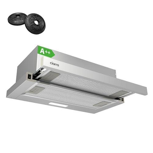 CIARRA AWS6906D A++ Flachschirmhaube Dunstabzugshaube 60 cm Umluft 370 m³/h mit CBCF002X2 Aktivkohlefilter Integrierte Flach Einbau Abluft Abzugshaube Silber