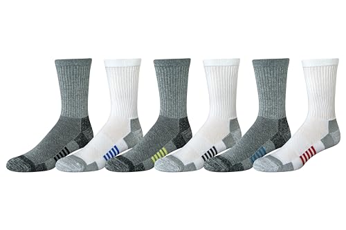 Amazon Essentials Herren Sportliche Crew-Sportsocken aus gepolsterter, atmungsaktiver Funktionsbaumwolle, 6 Paar, Grau/Weiß, 46-48.5