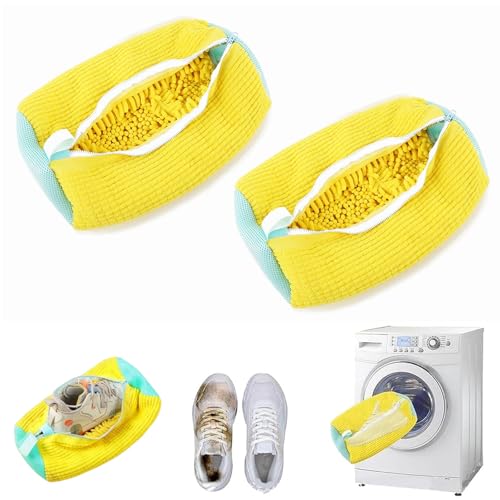 2 Stück Schuhbeutel Waschmaschine, Wiederverwendbarer Schuhwaschbeutel, Wäschenetz Schuhe mit 360°-Reinigungsflaum, Schuhsack Waschmaschine für Washing Machine, alle Schuharten und Größen (Gelb)