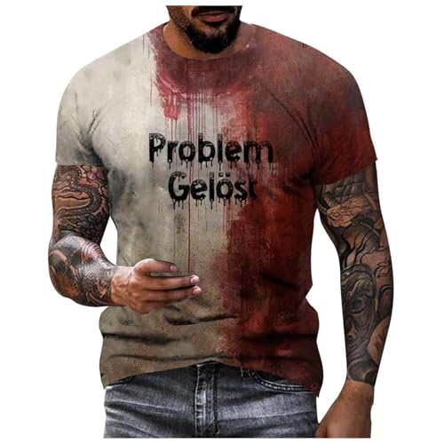 CAUYDY Problem Gelöst Halloween T-Shirt Herren Casual Rundhalsausschnitt Blutspritzer Muster Oberteile Hemd Entsetzen Blutig Bedruckt Kurzarm Top Übergröße