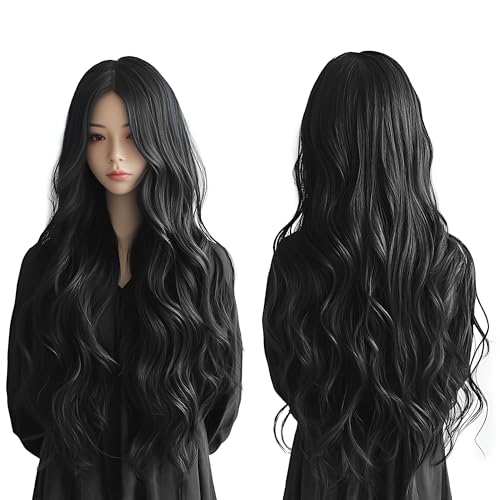 SENLEEREE Long Wavy Blonde Wig for Women Girls,cosplay perücke,Long Curly Full Hair Wavy Heat Resistant Wig Cosplay Costume Charming Wig for Daily Carnival Fancy Dress 27 Inch (Schwarz)