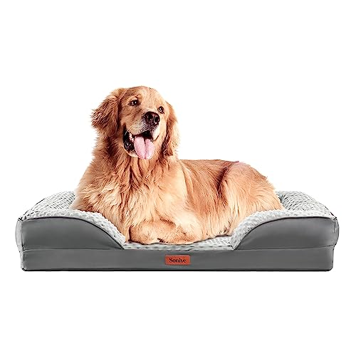 Sonive Ergonomisches Hundesofa, Wasserdichtes Orthopädisches Hundebett mit eierförmiger Kistenschaum, waschbares abnehmbares Bezug und rutschfeste Unterseite, für große Hunde/Katzen, Grau 106x81x17cm