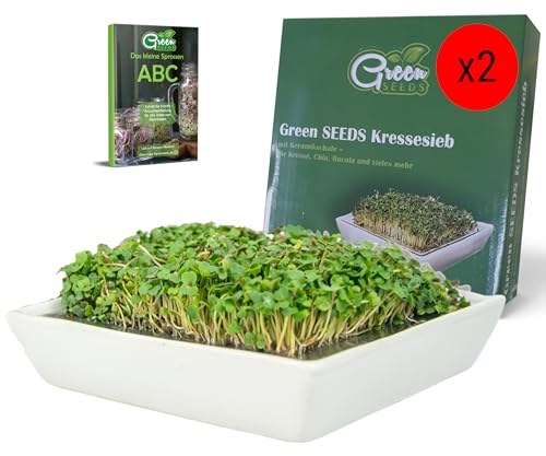 Green SEEDS® Kressesieb 2er-Set [Das Original] | Edelstahlsieb mit hochwertiger Keramikschale nachhaltig verpackt | Anzuchtschale 14 x 14cm Spülmaschinenfest u. Rostfrei + Sprossen-ABC [E-Book]