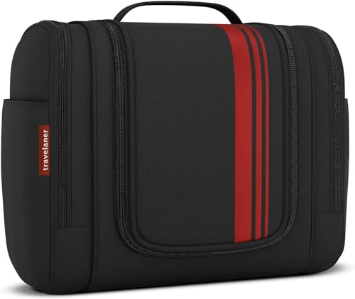 Kulturbeutel [Design 2024] - Kosmetiktasche zum Aufhängen für Damen, Herren & Kinder - Kulturtasche mit [7 Liter Stauraum], Premium-Qualität Waschtasche, Waschbeutel für Männer & Frauen (Schwarz-rot)